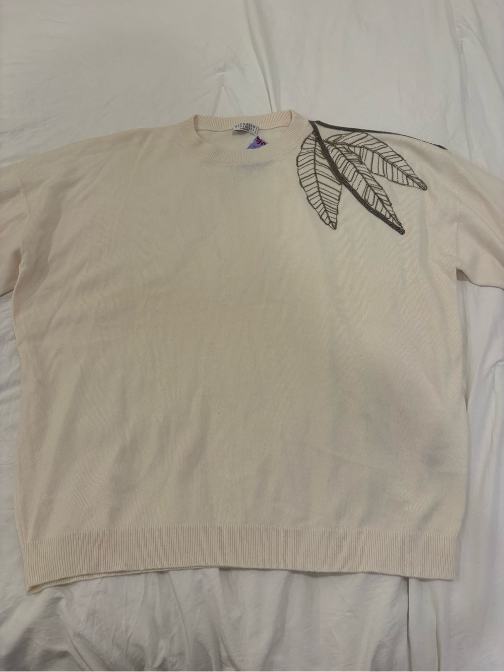 Brunello Cucinelli Cream Crewneck Sweater with Leaf Stitching